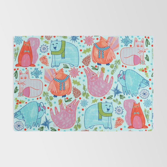 Winter Forest Woodland Animals in Arctic Blue Rug Gallery Image 2