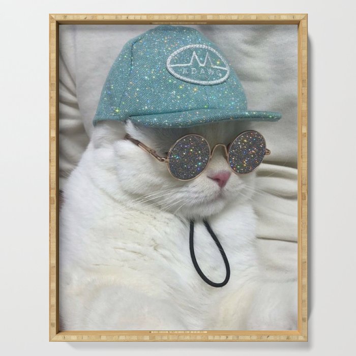 BIG BOSS | cat | blue hat | glasses | sunny | summer | positive vibes | glitter | pet | animal | Serving Tray Gallery Image 1