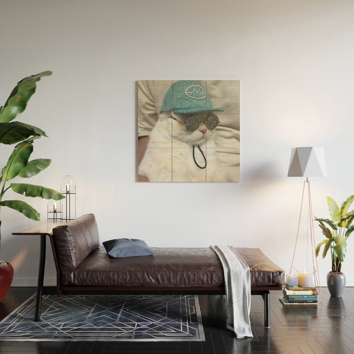 BIG BOSS | cat | blue hat | glasses | sunny | summer | positive vibes | glitter | pet | animal | Wood Wall Art Gallery Image 2