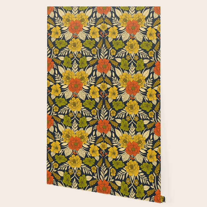 Modern Floral Pattern in Orange, Yellow, Green & Navy Wallpaper Gallery Image 2