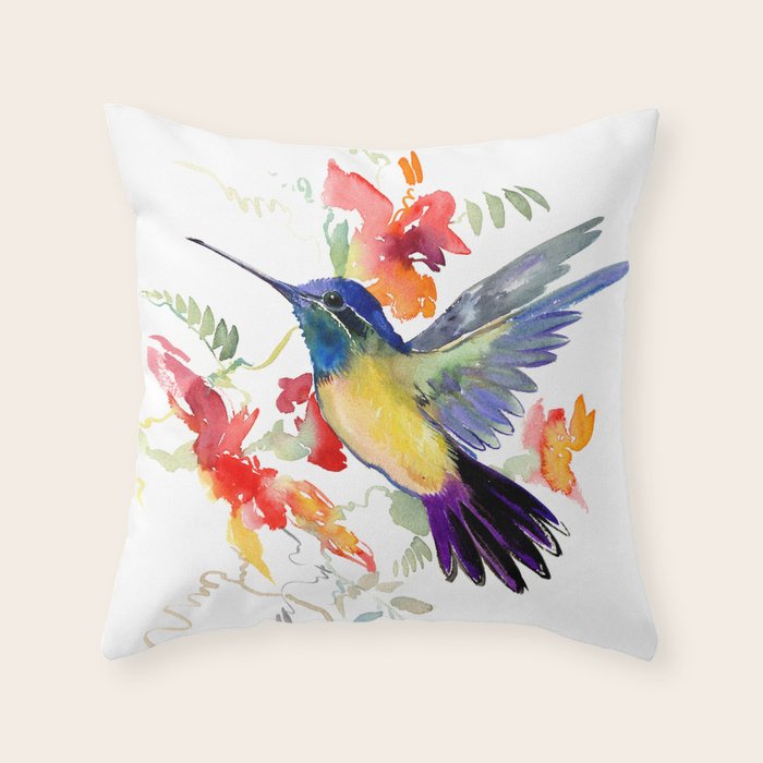 Hummingbird, floral bird art, soft colors Throw Pillow Gallery Image 6