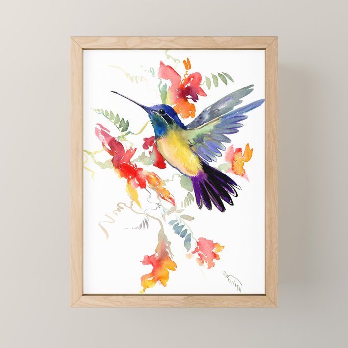 Hummingbird, floral bird art, soft colors Mini Art Print Gallery Image 1