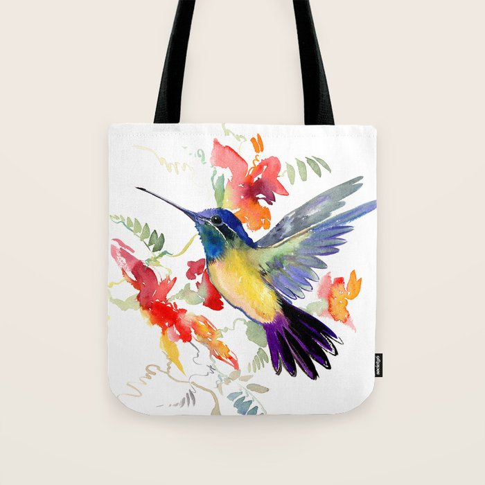 Hummingbird, floral bird art, soft colors Tote Bag Gallery Image 1