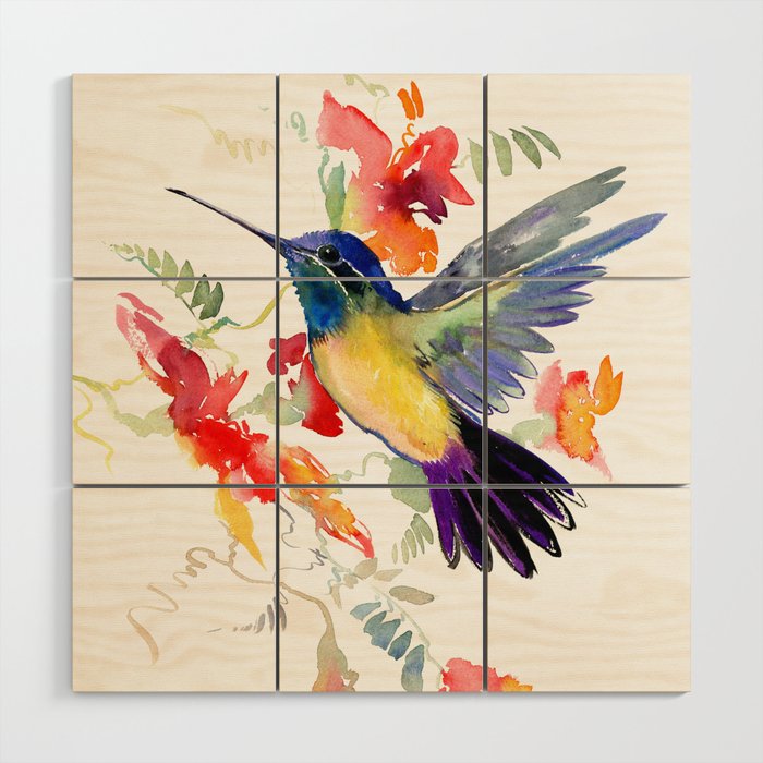 Hummingbird, floral bird art, soft colors Wood Wall Art Gallery Image 1