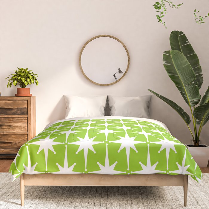 Mid Century Modern Atomic Age Starburst Pattern Lime Green & White Comforter Gallery Image 3