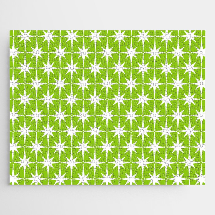 Mid Century Modern Atomic Age Starburst Pattern Lime Green & White Jigsaw Puzzle Gallery Image 1