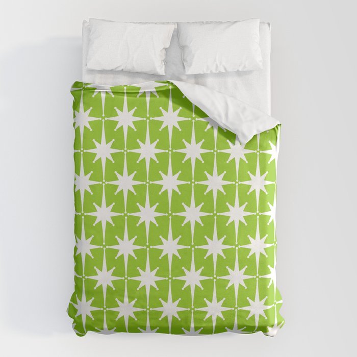 Mid Century Modern Atomic Age Starburst Pattern Lime Green & White Duvet Cover Gallery Image 1