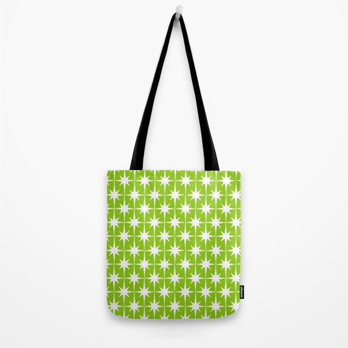Mid Century Modern Atomic Age Starburst Pattern Lime Green & White Tote Bag Gallery Image 2