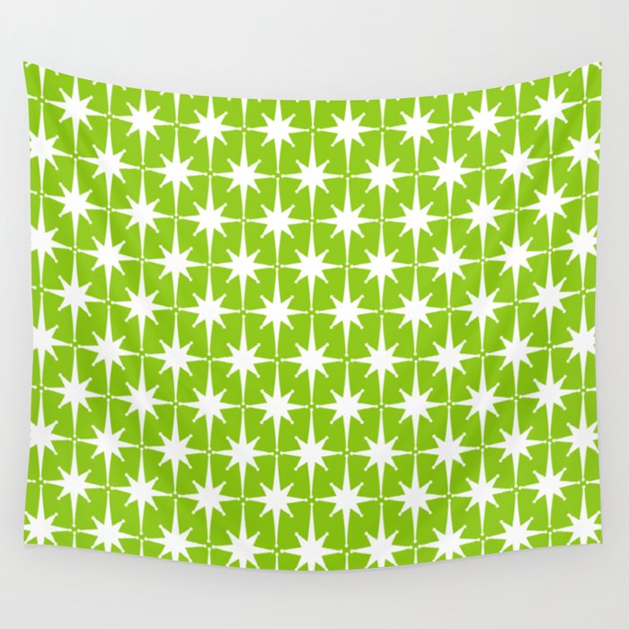 Mid Century Modern Atomic Age Starburst Pattern Lime Green & White Wall Tapestry Gallery Image 1