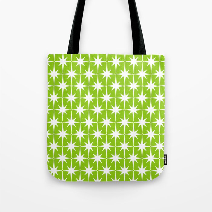 Mid Century Modern Atomic Age Starburst Pattern Lime Green & White Tote Bag Gallery Image 1