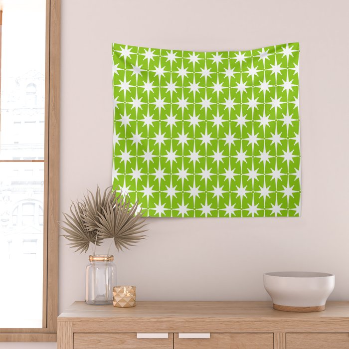 Mid Century Modern Atomic Age Starburst Pattern Lime Green & White Wall Tapestry Gallery Image 2