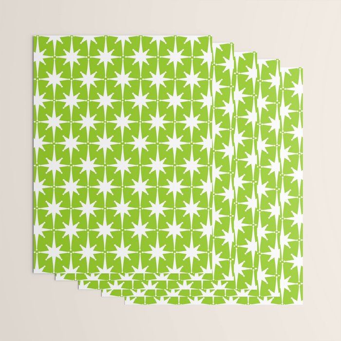 Mid Century Modern Atomic Age Starburst Pattern Lime Green & White Wrapping Paper Gallery Image 3