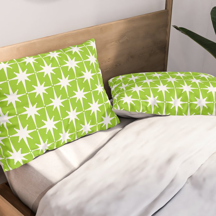 Mid Century Modern Atomic Age Starburst Pattern Lime Green & White Pillow Sham Gallery Image 2