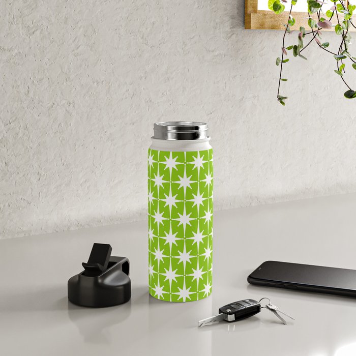 Mid Century Modern Atomic Age Starburst Pattern Lime Green & White Water Bottle Gallery Image 4