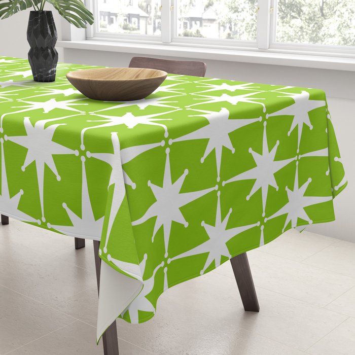 Mid Century Modern Atomic Age Starburst Pattern Lime Green & White Tablecloth Gallery Image 3
