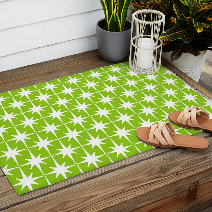 Mid Century Modern Atomic Age Starburst Pattern Lime Green & White Outdoor Rug Gallery Image 2