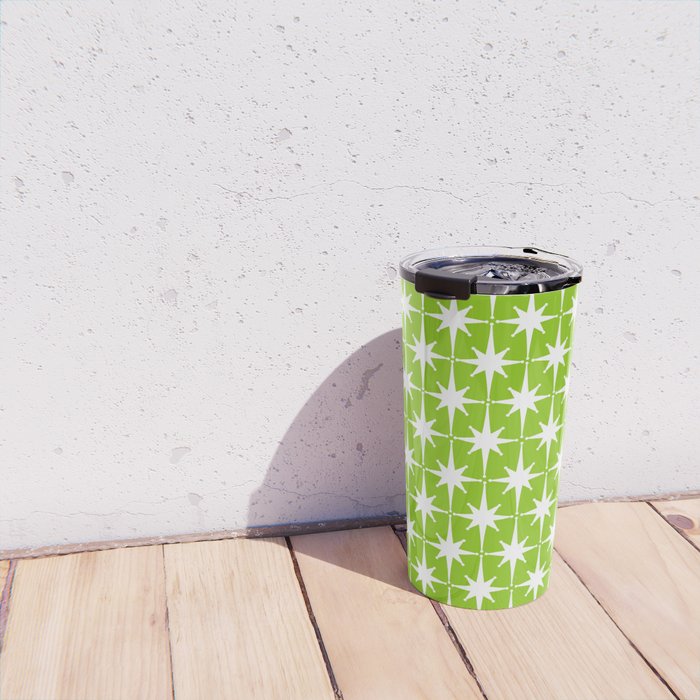 Mid Century Modern Atomic Age Starburst Pattern Lime Green & White Travel Mug Gallery Image 4