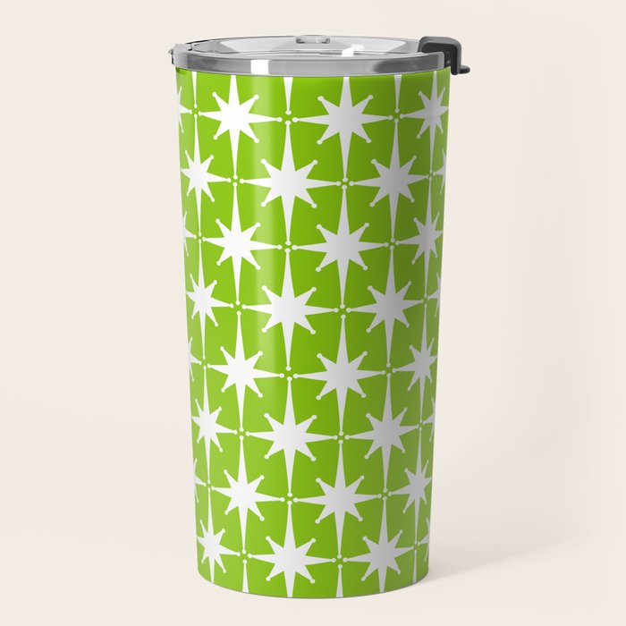 Mid Century Modern Atomic Age Starburst Pattern Lime Green & White Travel Mug Gallery Image 2