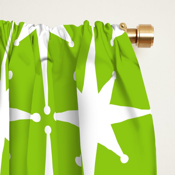 Mid Century Modern Atomic Age Starburst Pattern Lime Green & White Window Curtain Gallery Image 2