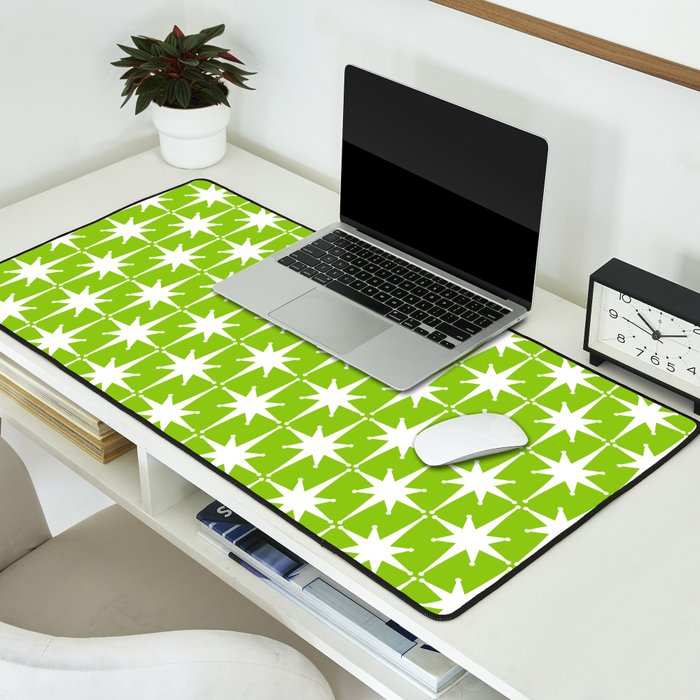 Mid Century Modern Atomic Age Starburst Pattern Lime Green & White Desk Mat Gallery Image 2