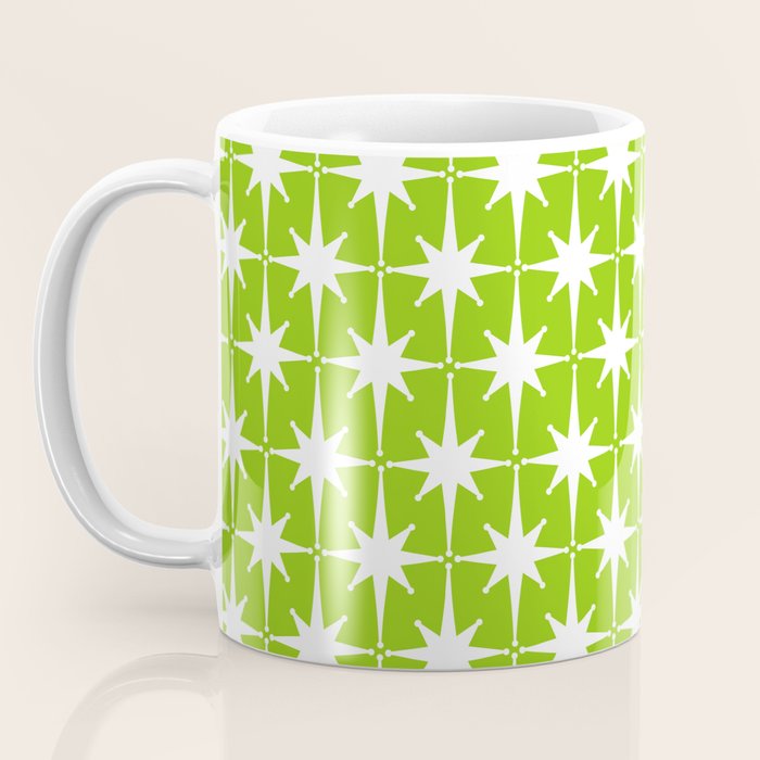 Mid Century Modern Atomic Age Starburst Pattern Lime Green & White Coffee Mug Gallery Image 3