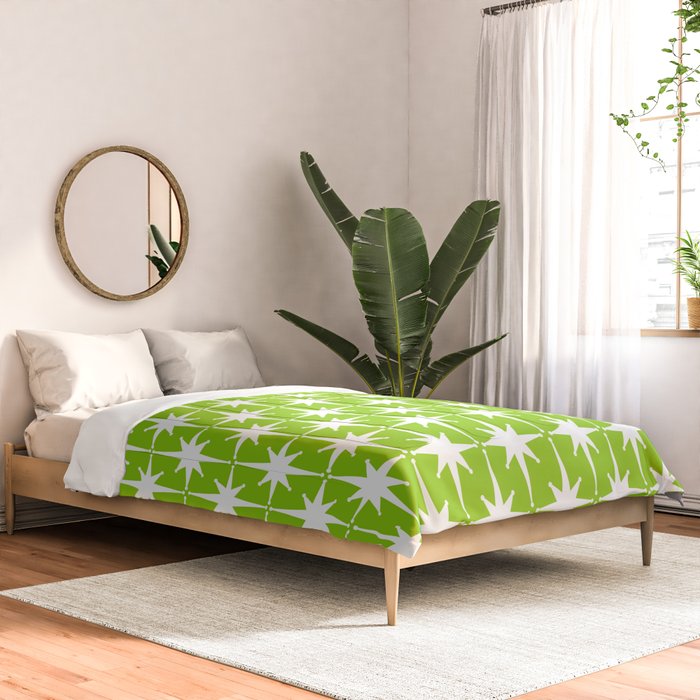 Mid Century Modern Atomic Age Starburst Pattern Lime Green & White Comforter Gallery Image 2