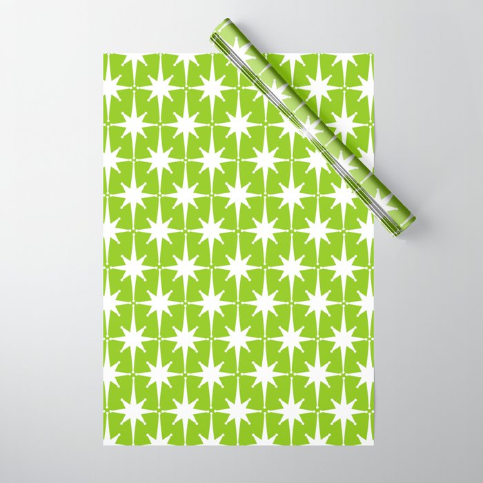 Mid Century Modern Atomic Age Starburst Pattern Lime Green & White Wrapping Paper Gallery Image 1