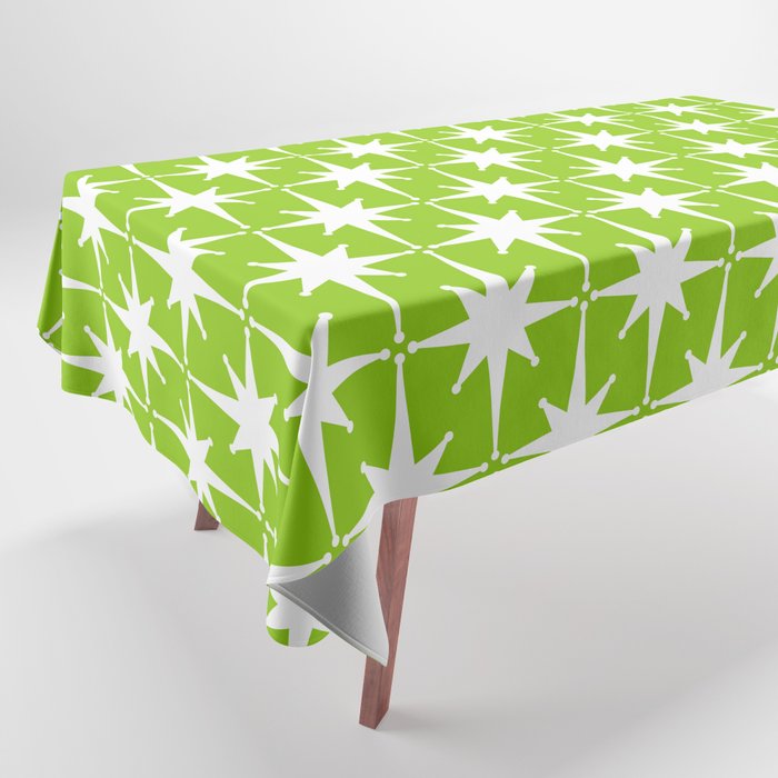 Mid Century Modern Atomic Age Starburst Pattern Lime Green & White Tablecloth Gallery Image 1