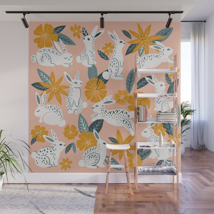 Bunnies & Blooms - Teal & Blush Wall Mural Gallery Image 1