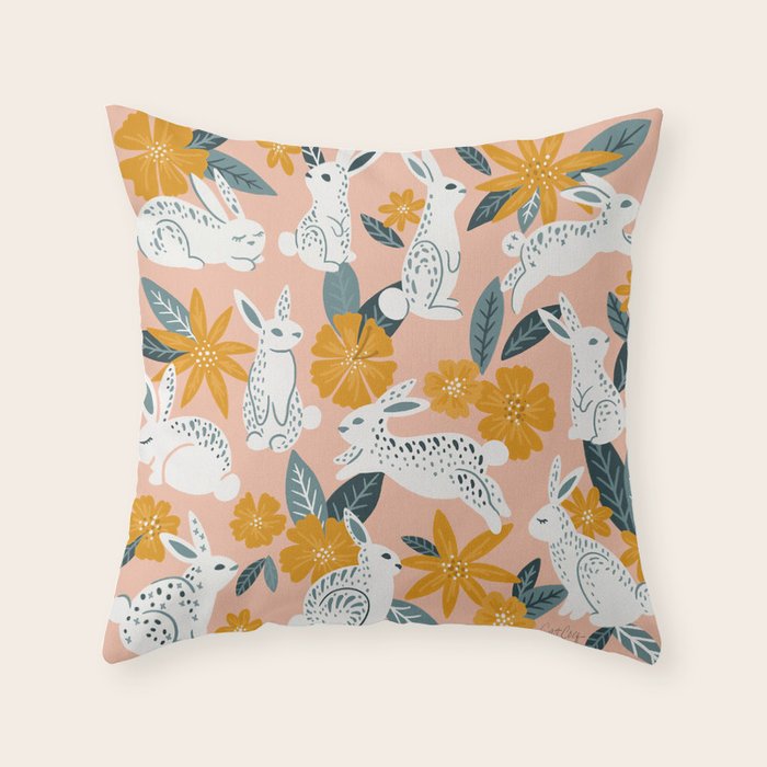 Bunnies & Blooms - Teal & Blush Throw Pillow Gallery Image 1