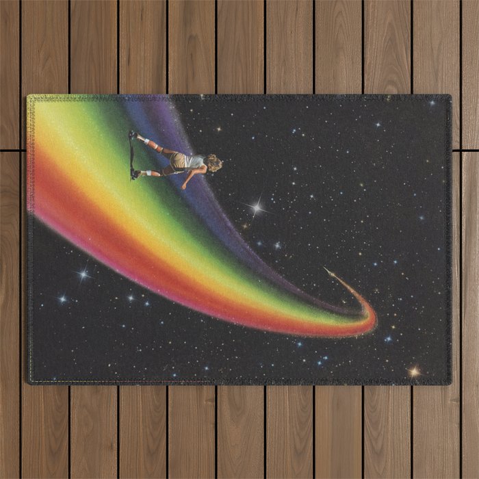 Retro Cosmic Rainbow Roller Skating Outdoor Rug Gallery Image 1