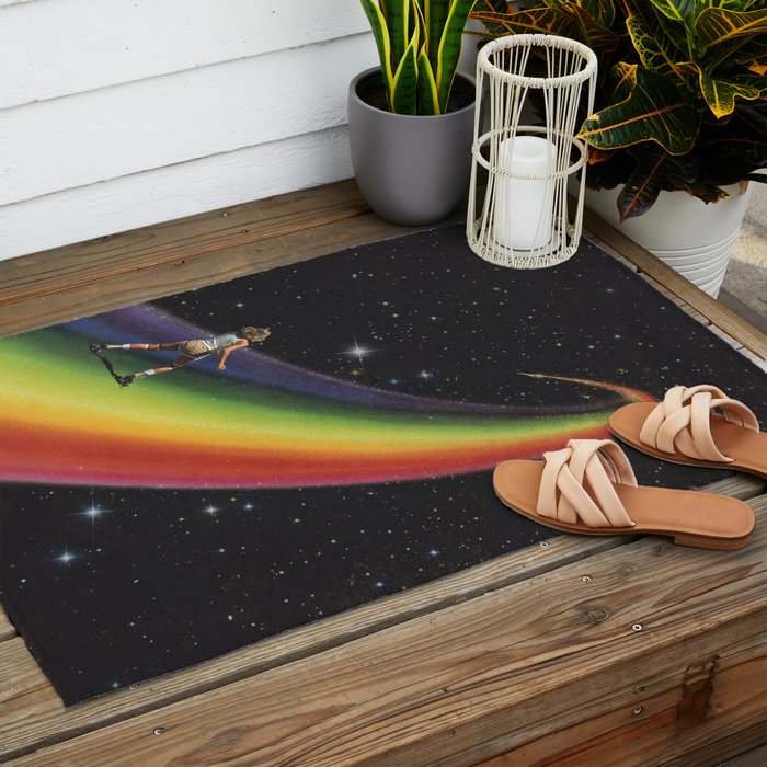 Retro Cosmic Rainbow Roller Skating Outdoor Rug Gallery Image 2