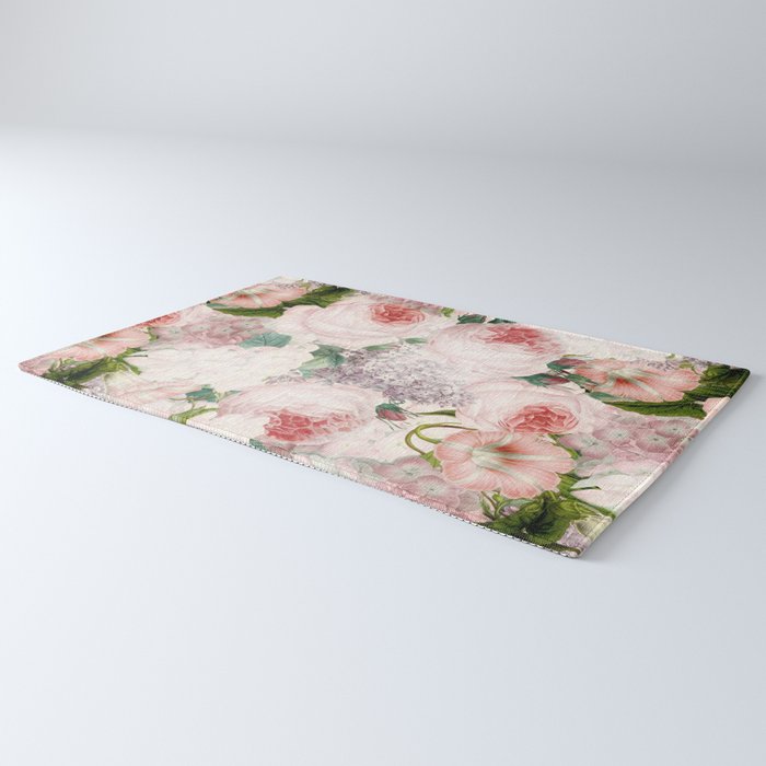 Vintage & Shabby Chic - Pastel Pink Botanical Summer Roses Garden Rug Gallery Image 3