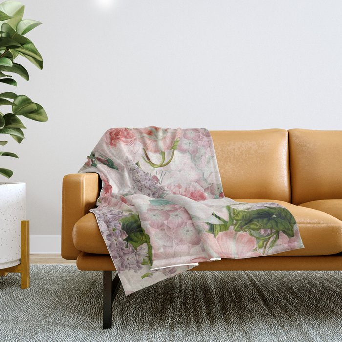 Vintage & Shabby Chic - Pastel Pink Botanical Summer Roses Garden Throw Blanket Gallery Image 1