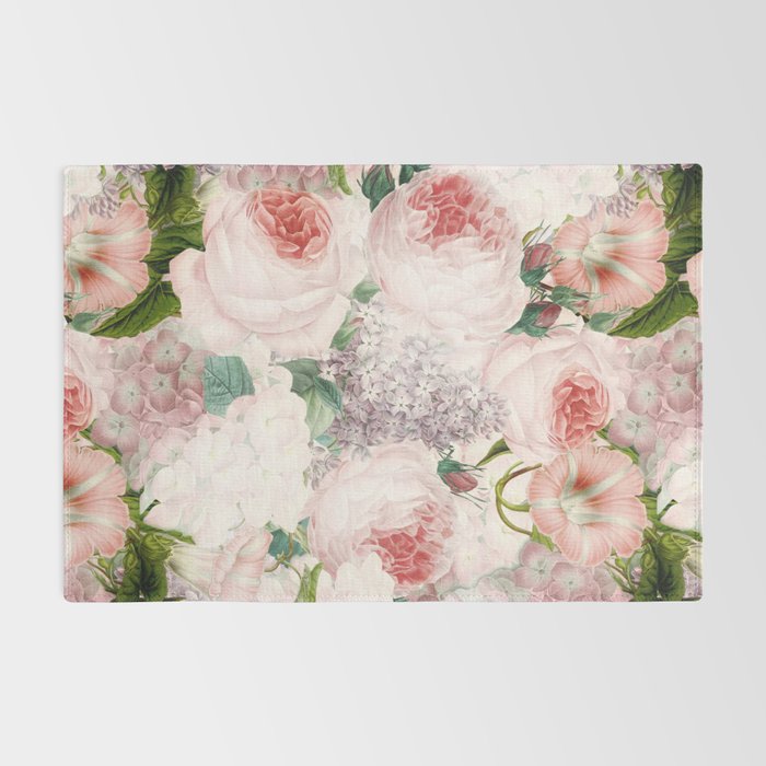 Vintage & Shabby Chic - Pastel Pink Botanical Summer Roses Garden Rug Gallery Image 2