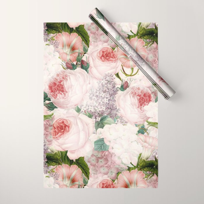 Vintage & Shabby Chic - Pastel Pink Botanical Summer Roses Garden Wrapping Paper Gallery Image 1