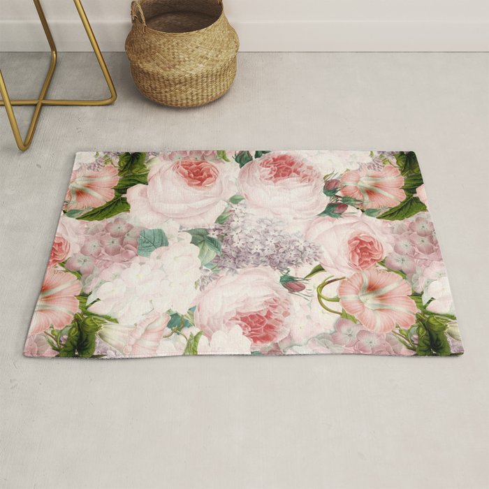 Vintage & Shabby Chic - Pastel Pink Botanical Summer Roses Garden Rug Gallery Image 1