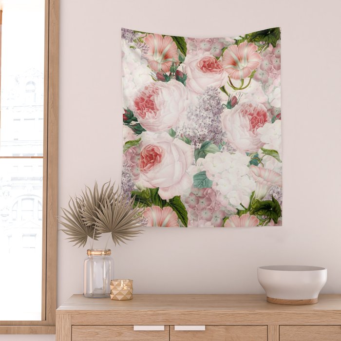 Vintage & Shabby Chic - Pastel Pink Botanical Summer Roses Garden Wall Tapestry Gallery Image 2