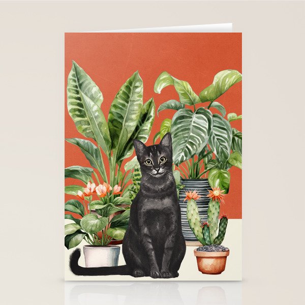 Black Cat And House Plants 3 Stationery Card Gallery Image 2