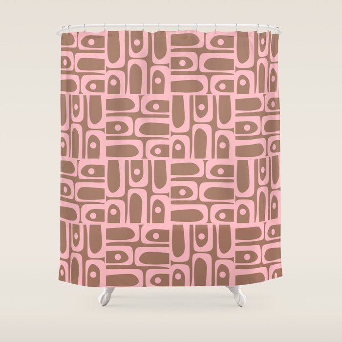 Mid Century Modern Piquet Abstract Multi Geometric Pattern in Mocha Brown and Light Pink Shower Curtain Gallery Image 1