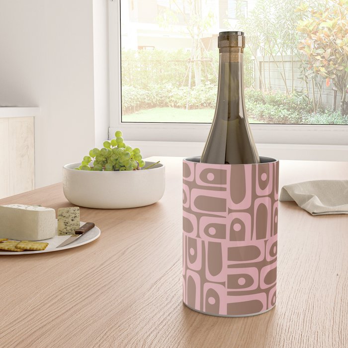 Mid Century Modern Piquet Abstract Multi Geometric Pattern in Mocha Brown and Light Pink Wine Chiller Gallery Image 4