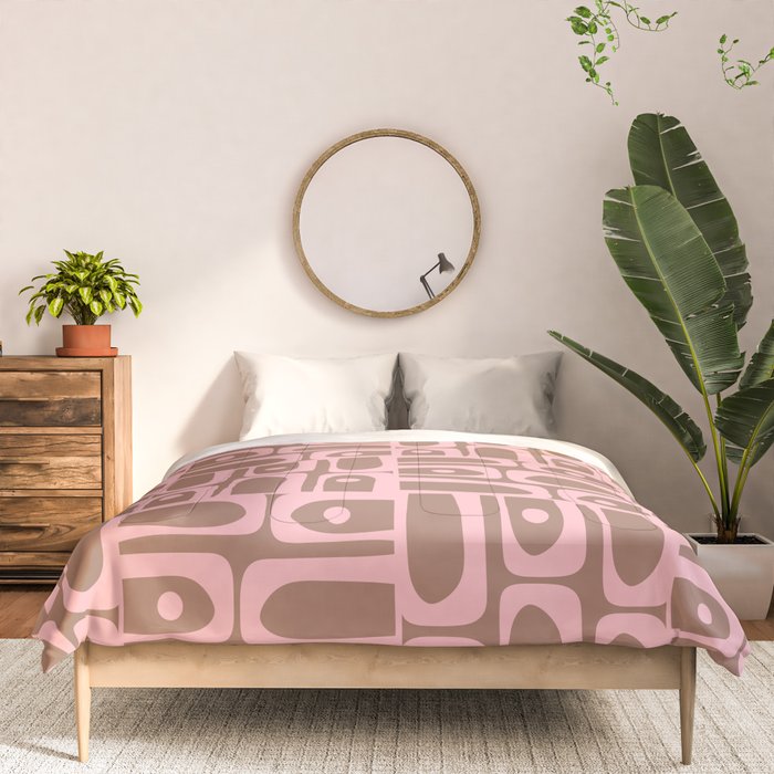 Mid Century Modern Piquet Abstract Multi Geometric Pattern in Mocha Brown and Light Pink Comforter Gallery Image 3