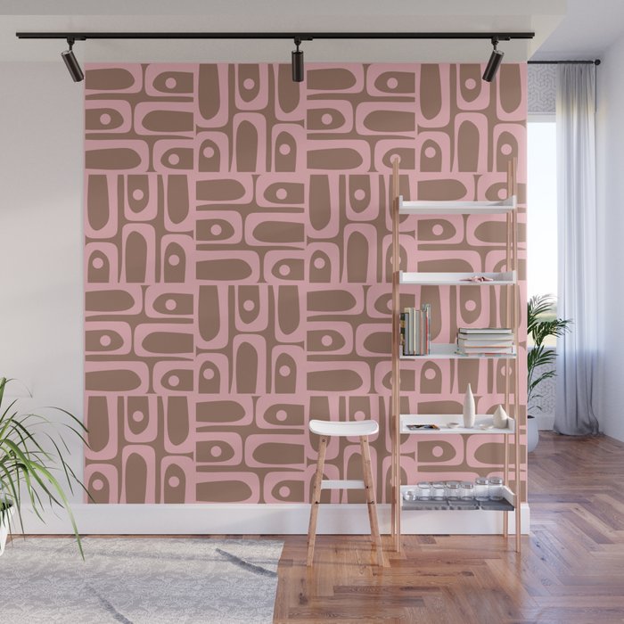 Mid Century Modern Piquet Abstract Multi Geometric Pattern in Mocha Brown and Light Pink Wall Mural Gallery Image 1