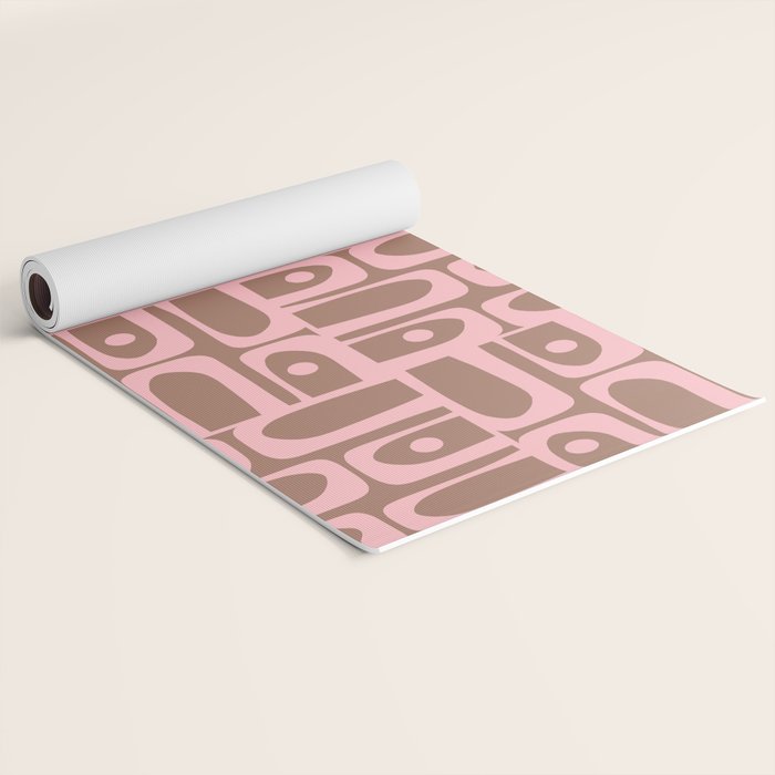 Mid Century Modern Piquet Abstract Multi Geometric Pattern in Mocha Brown and Light Pink Yoga Mat Gallery Image 2