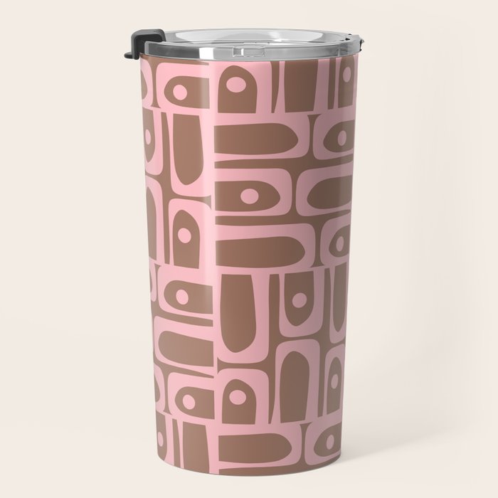 Mid Century Modern Piquet Abstract Multi Geometric Pattern in Mocha Brown and Light Pink Travel Mug Gallery Image 3