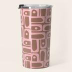 Mid Century Modern Piquet Abstract Multi Geometric Pattern in Mocha Brown and Light Pink Travel Mug Gallery Image 3