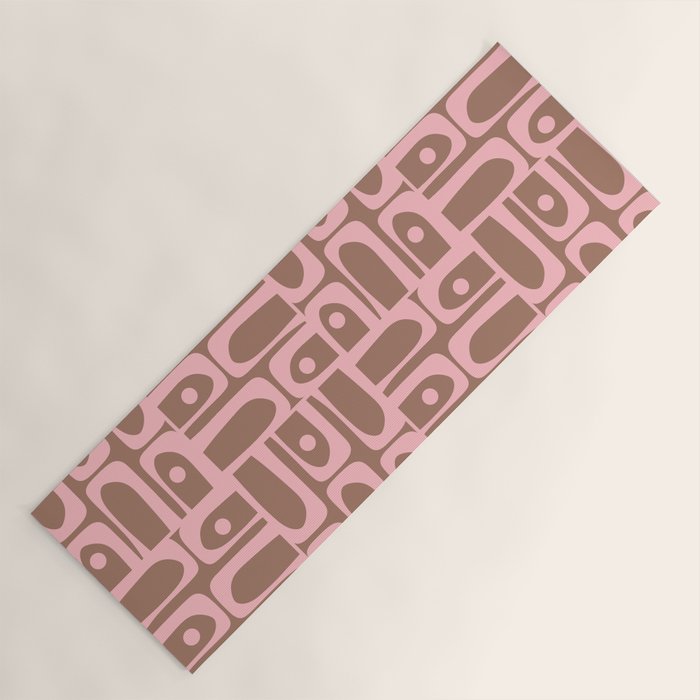 Mid Century Modern Piquet Abstract Multi Geometric Pattern in Mocha Brown and Light Pink Yoga Mat Gallery Image 1
