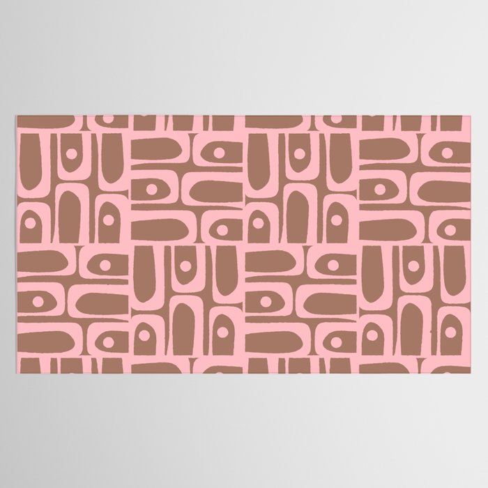 Mid Century Modern Piquet Abstract Multi Geometric Pattern in Mocha Brown and Light Pink Tablecloth Gallery Image 2
