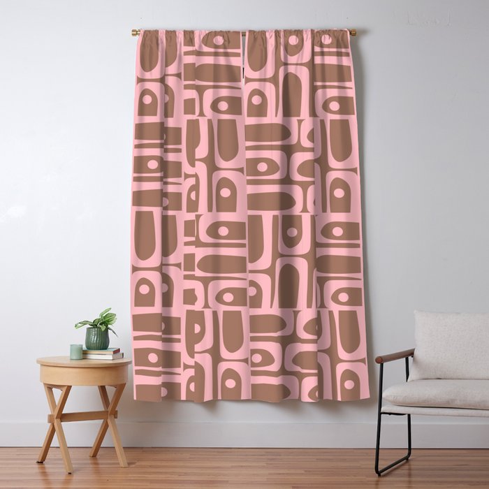 Mid Century Modern Piquet Abstract Multi Geometric Pattern in Mocha Brown and Light Pink Window Curtain Gallery Image 5
