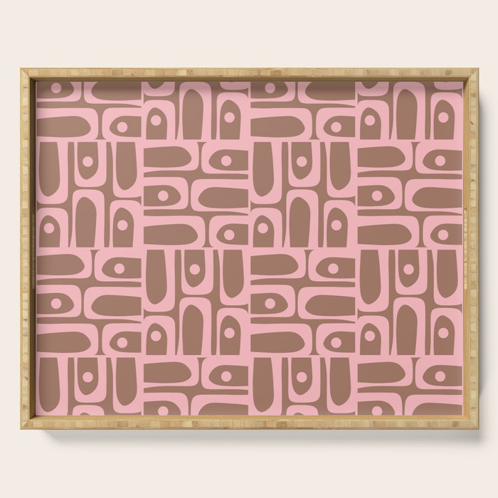 Mid Century Modern Piquet Abstract Multi Geometric Pattern in Mocha Brown and Light Pink Serving Tray Gallery Image 1